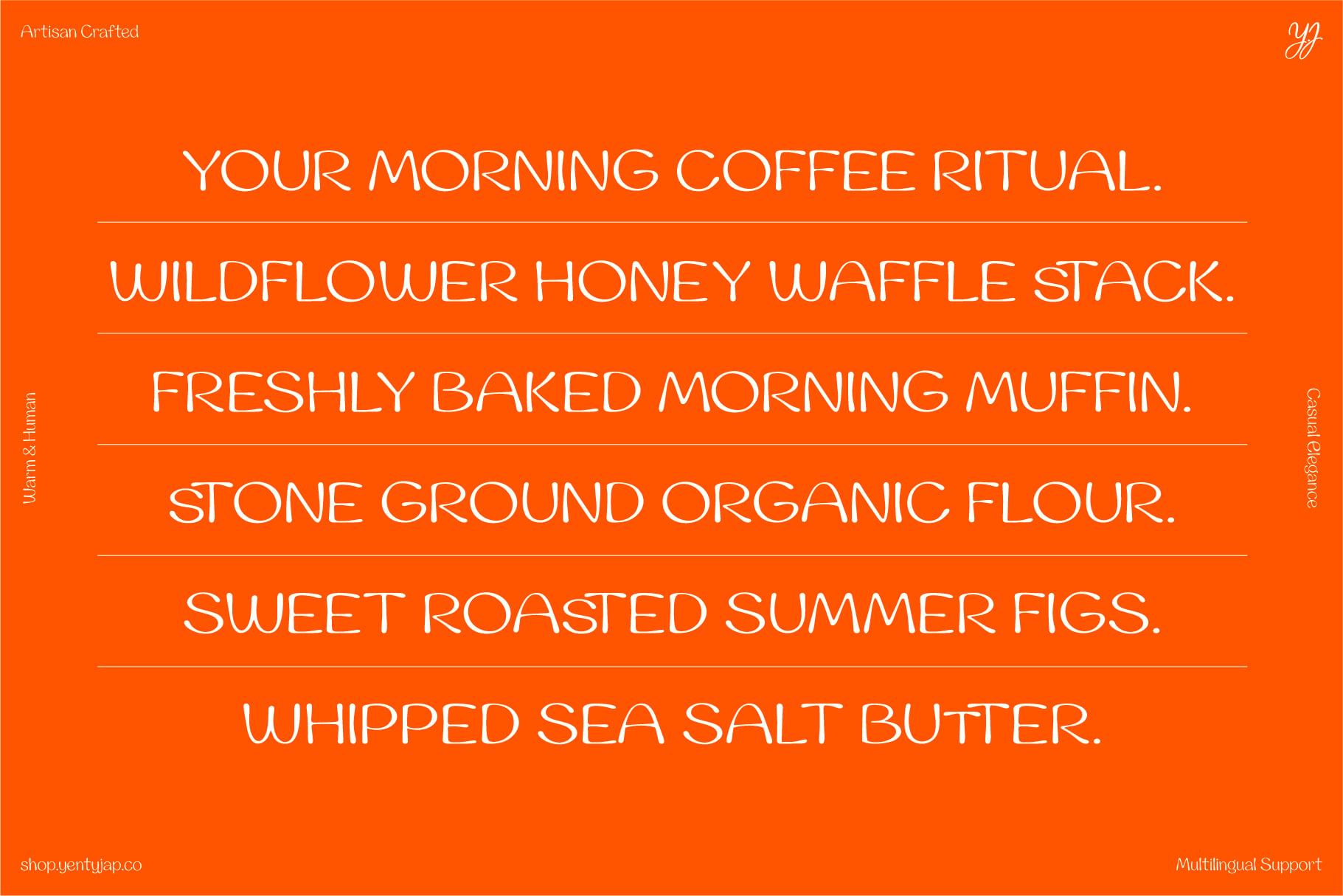 Bright orange poster with white minimalist text listing breakfast menu items like coffee, waffles, muffins, figs, butter