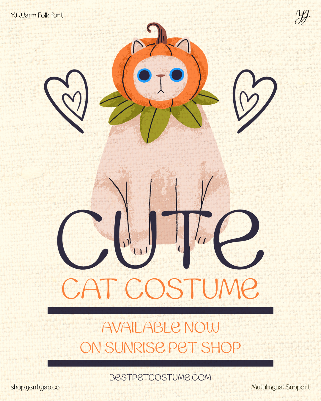 Cute cat costume graphic with pumpkin head, heart doodles, Warm Folk font display sample