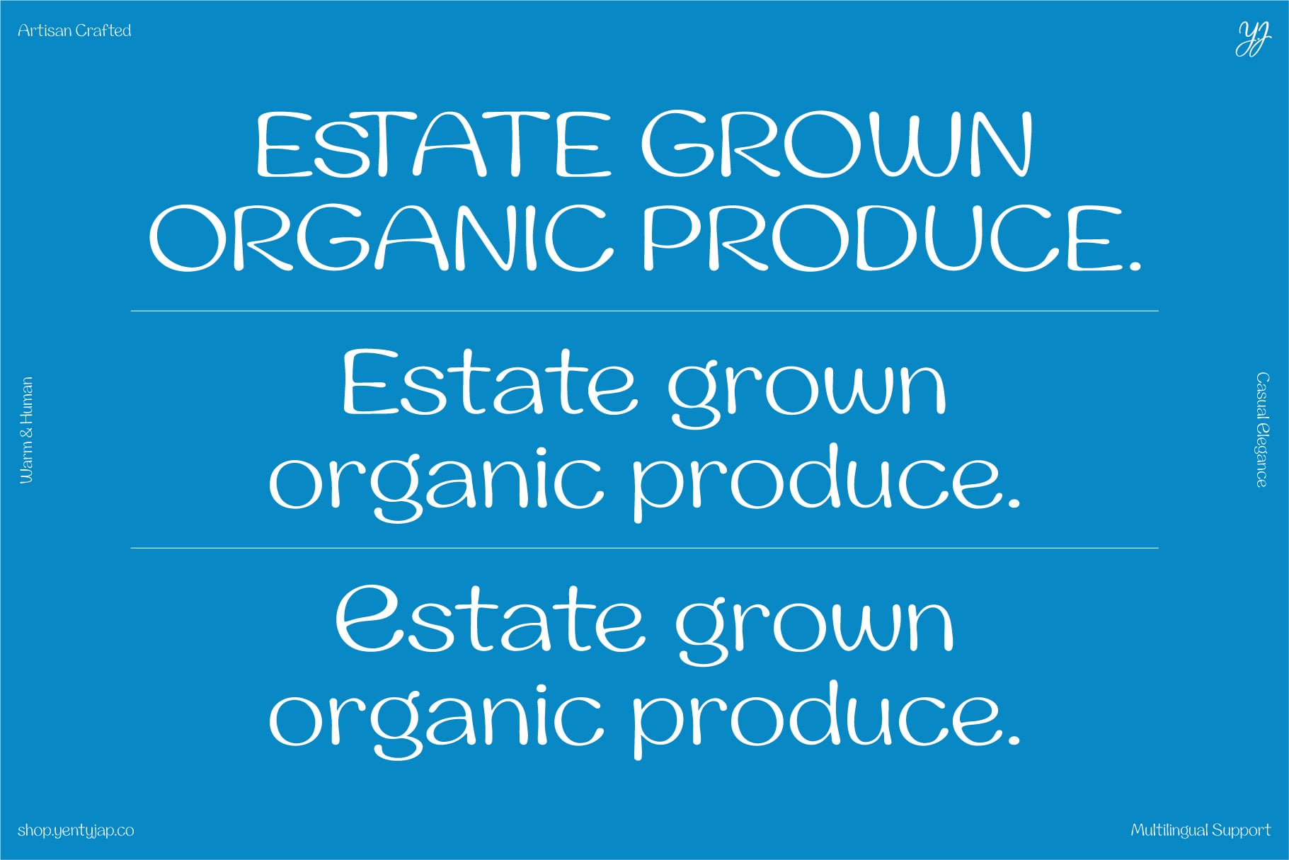 Bright blue mockup showing "Estate Grown Organic Produce" text in thin sans serif font repeated three times