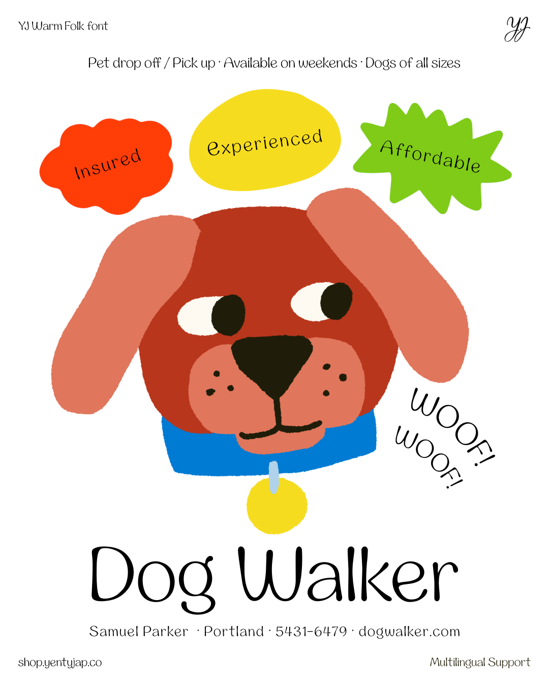 Dog walker flyer with colorful badges showing insured, experienced, affordable services