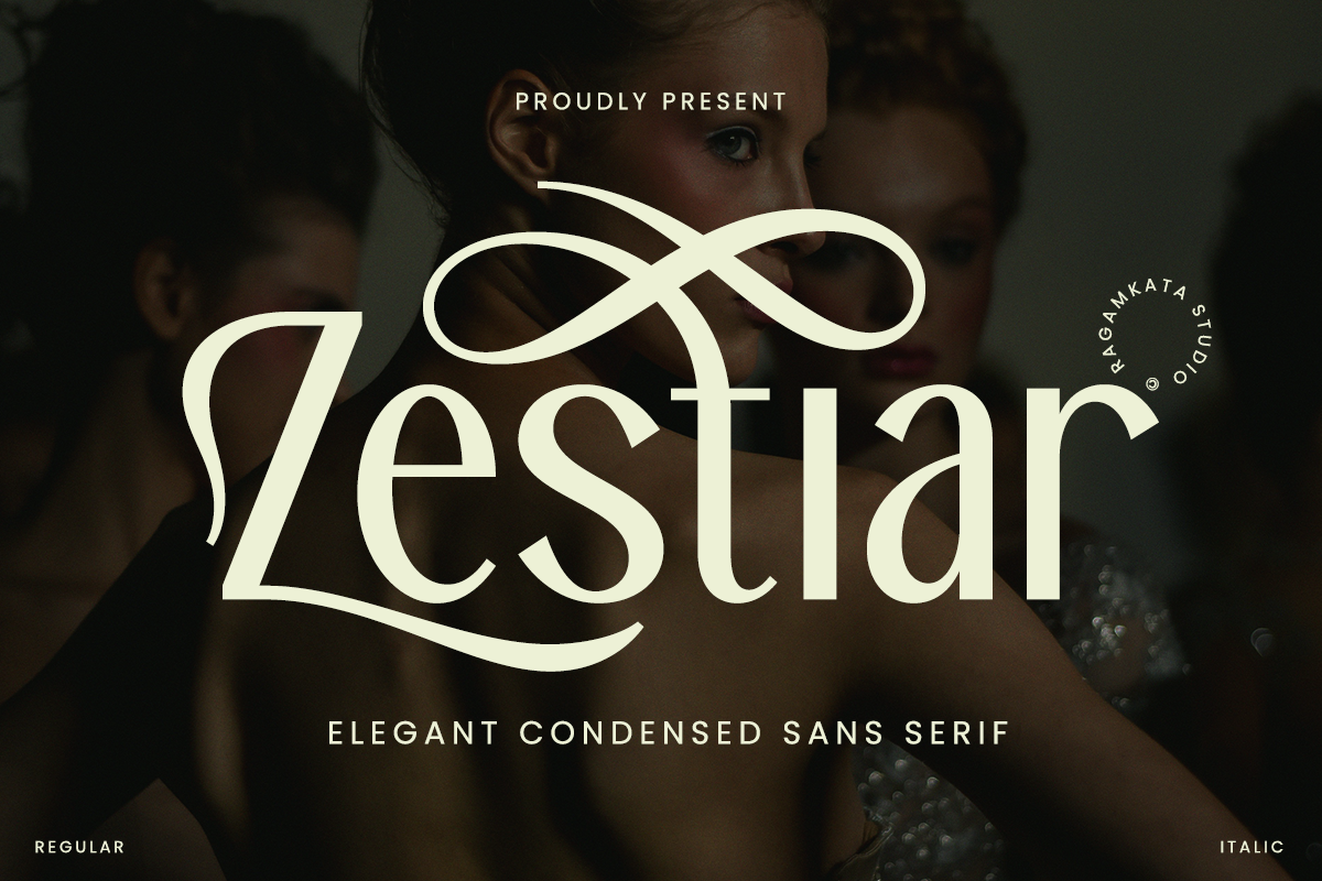 Zestiar serif font display with cream letterforms over moody portrait background