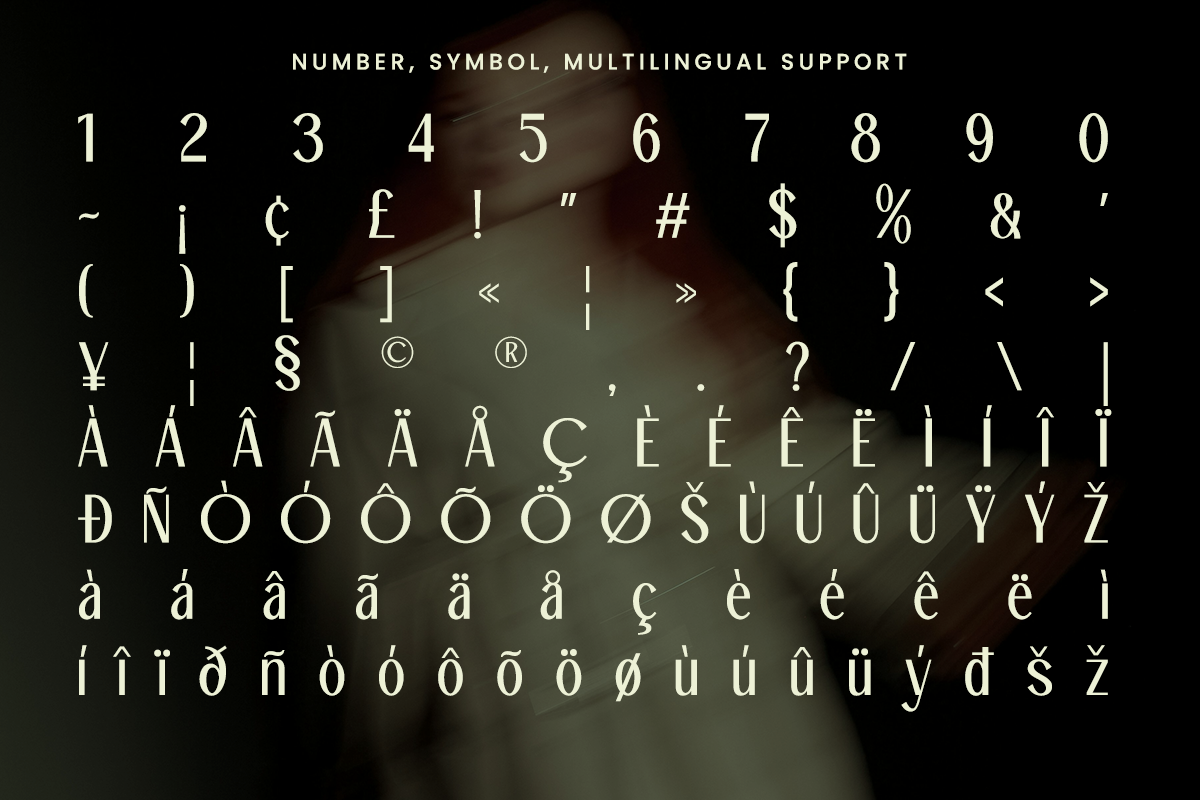 Complete character set showing numbers, currency symbols, punctuation with accented letters for multiple languages