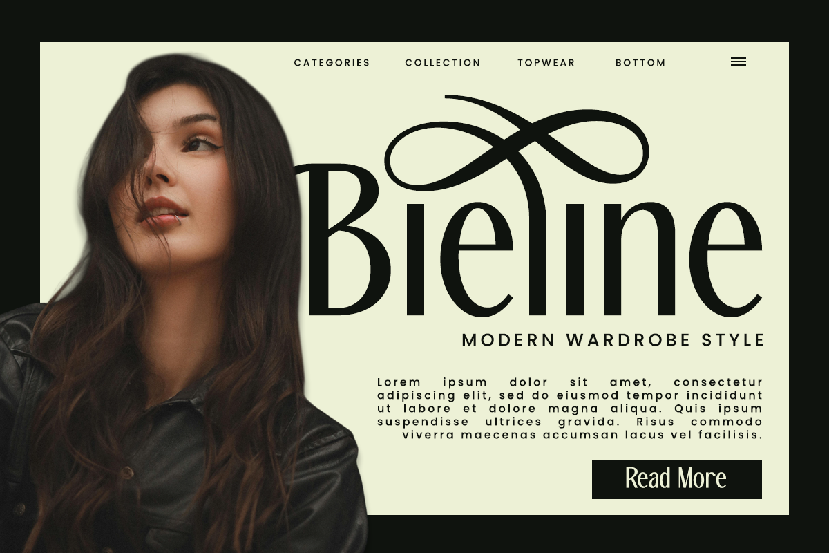 Fashion website hero mockup with model in black leather jacket, cream background, elegant serif typography