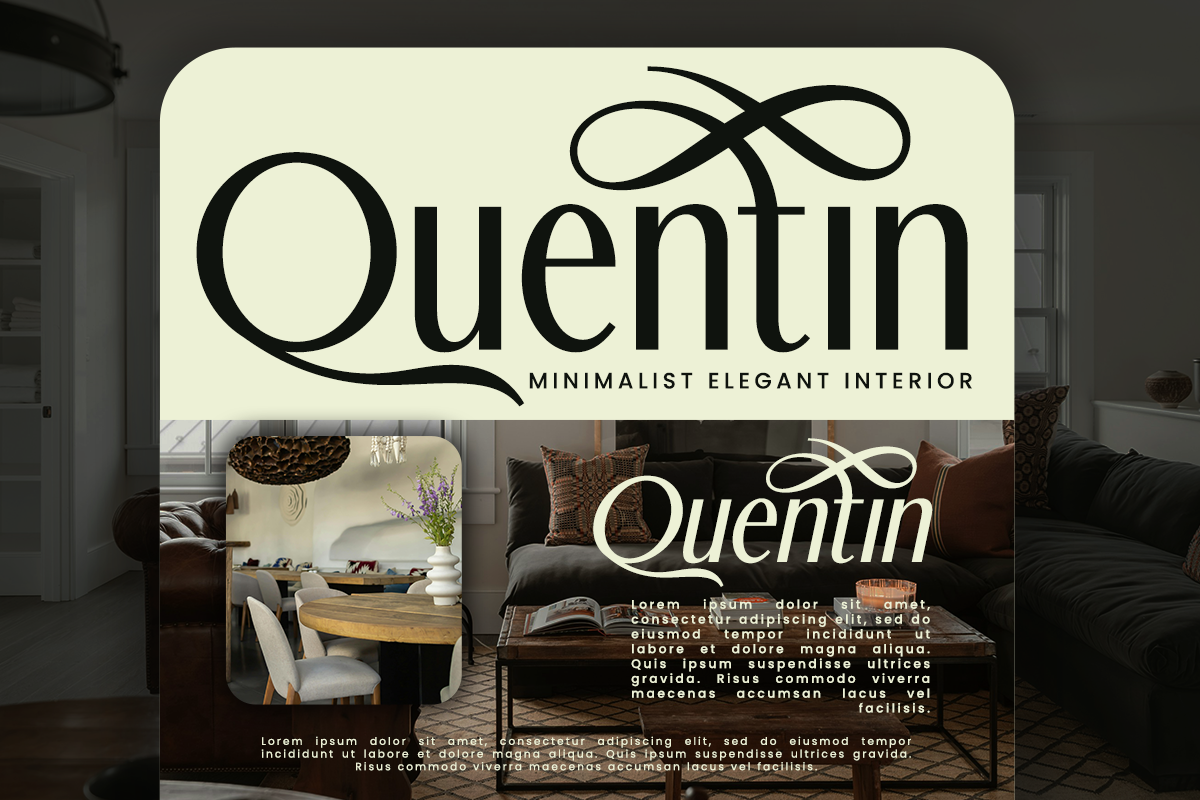 Quentin luxury interior design brand mockup with elegant logo, furniture photos, plus sample text layouts