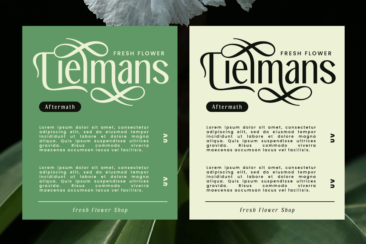 Two color variants of Tielmans Fresh Flower florist branding mockup with ornate logo design