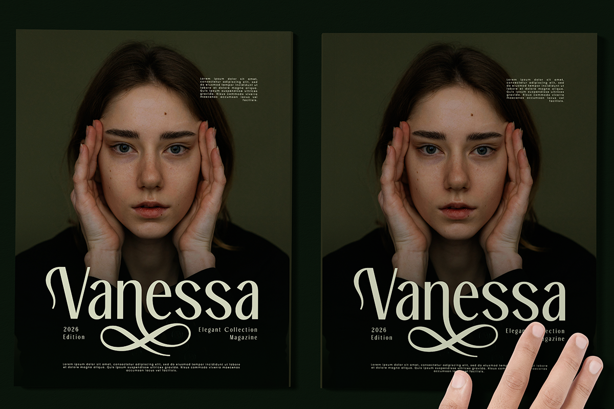 Magazine cover mockup with portrait showing elegant serif typography layout on olive background