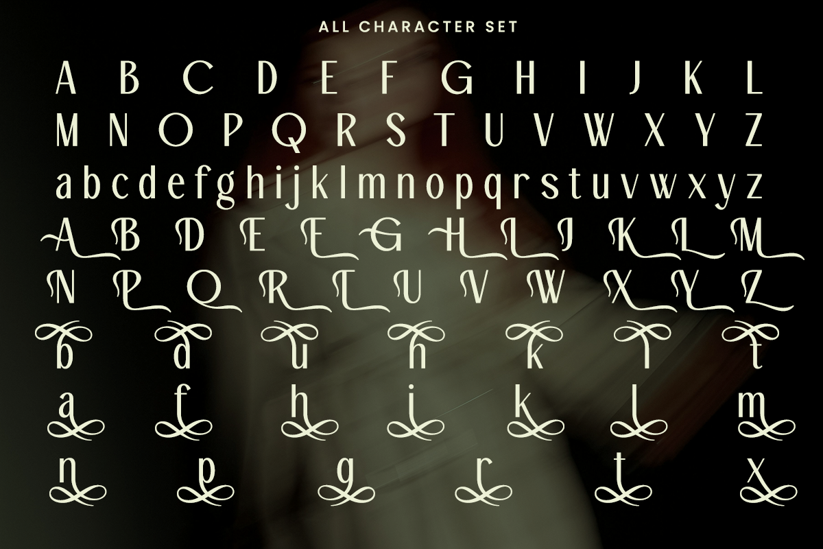 Elegant serif font showing uppercase, lowercase, decorative swashes, ligatures, alternates on dark moody background