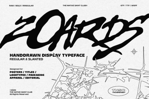 Specimen sheet for Native Saint Club font showing bold handdrawn display typeface in regular plus slanted styles