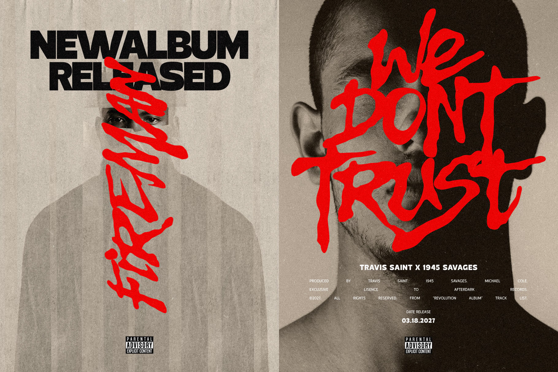 Music album cover mockup with bold red handwritten text overlaying black-and-white portrait photos, showing new album release design