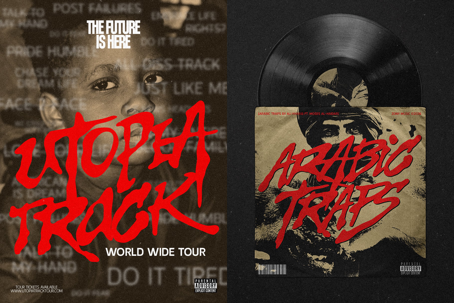 Vintage hip hop album covers with bold red typography, vinyl record, tour poster mockup