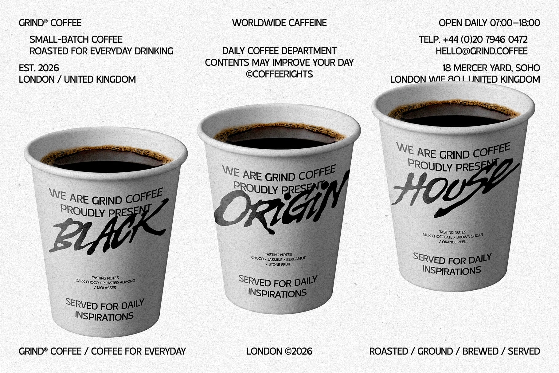 Three coffee cup mockups showing different roasts with tasting notes labels