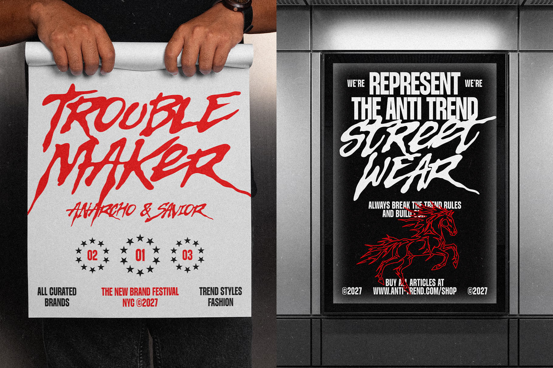 Hands holding white poster with red "Trouble Maker" text next to framed streetwear poster on black wall