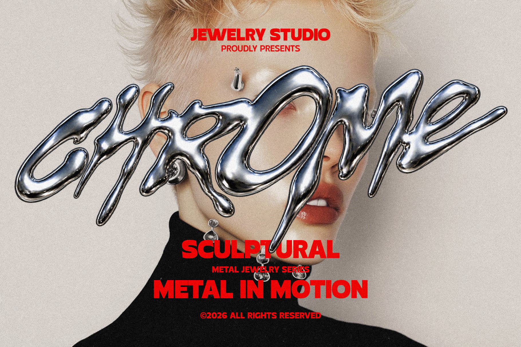Liquid chrome text overlay on portrait with red typography for jewelry studio branding mockup