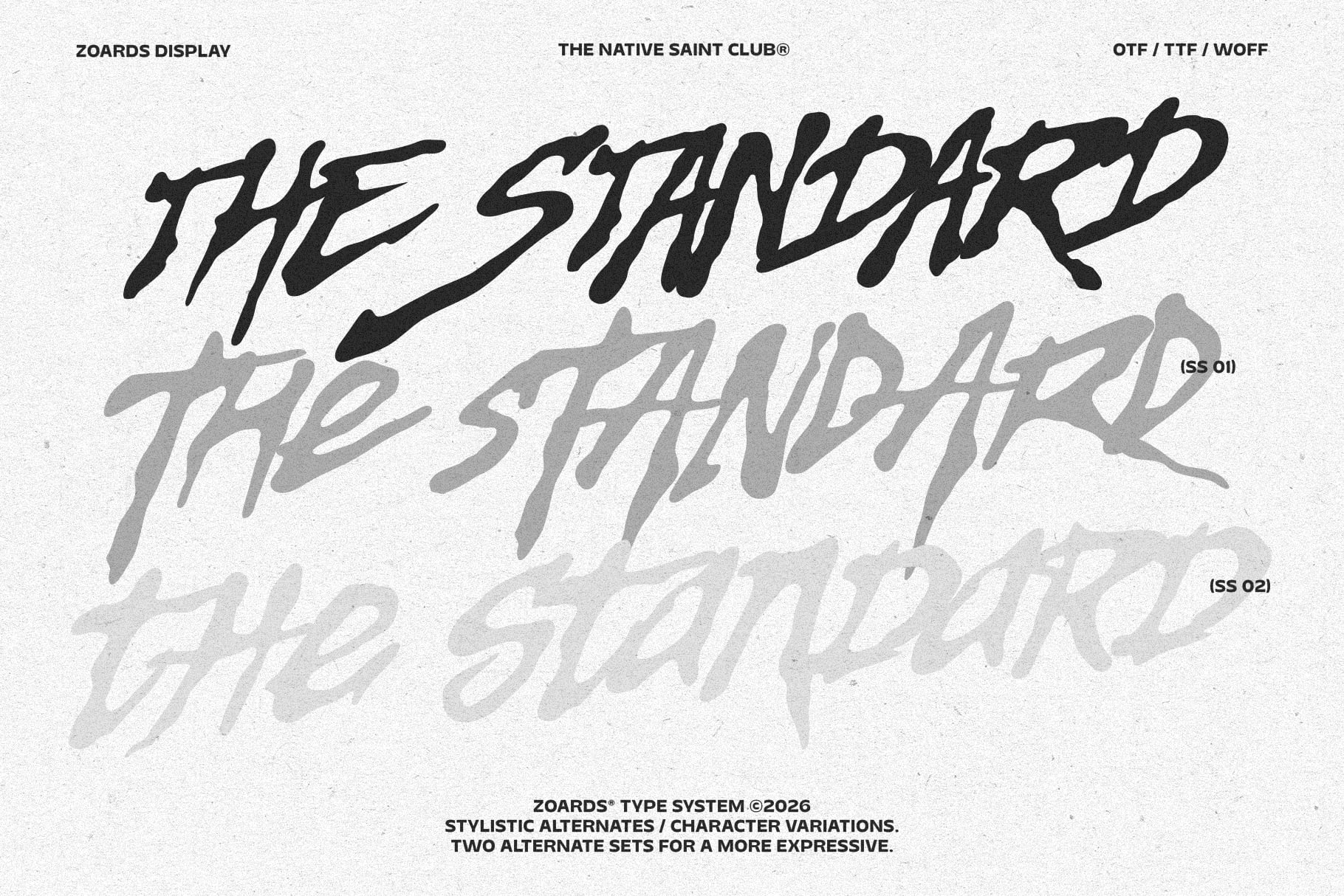Zoards Display font showing three weight variations of italic hand-drawn lettering in black to light gray