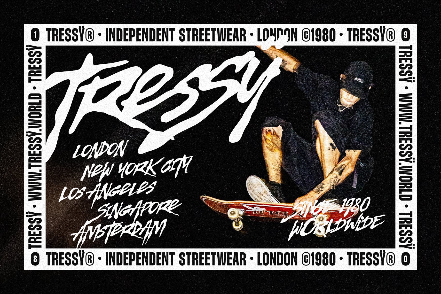 Edgy 80s streetwear poster with skateboarder holding board, bold graffiti lettering, London branding