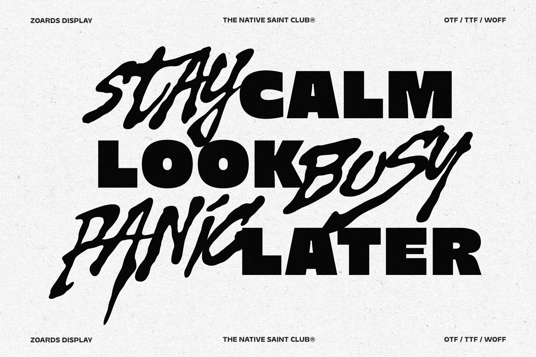 Zoards Display font with mixed italic script typography saying "stay calm look busy panic later"