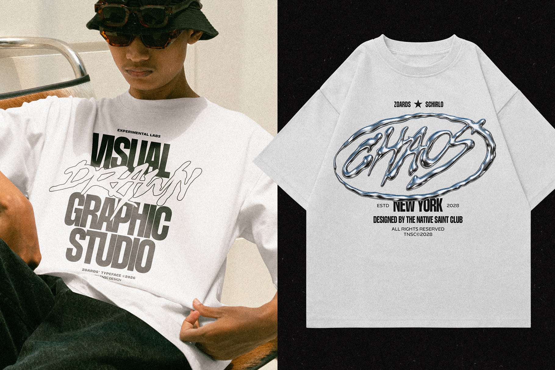Two white tees with bold typography designs, one worn by model in hat, other flat lay showing sketchy outline lettering