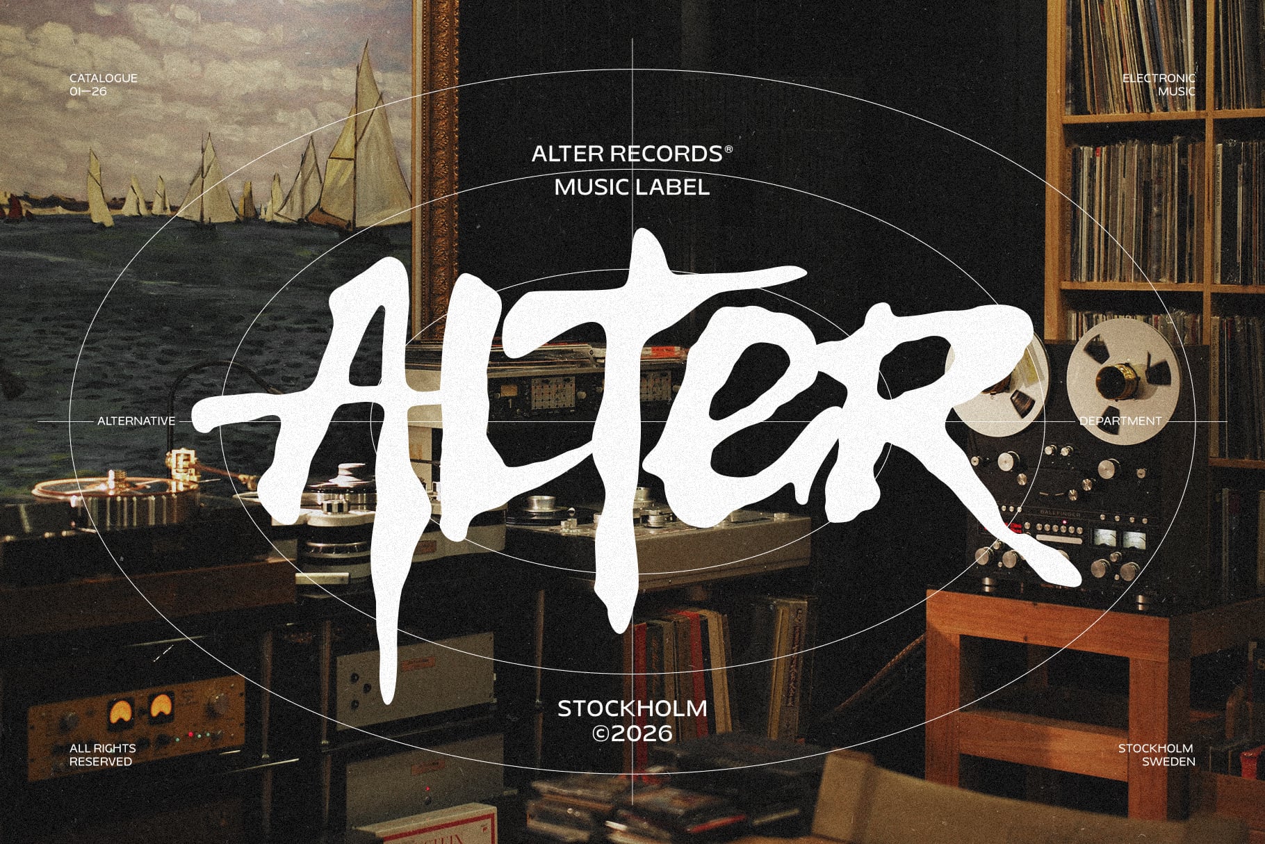 Alter Records music label mockup with vintage studio backdrop, sailboats, vinyl records, tape reels
