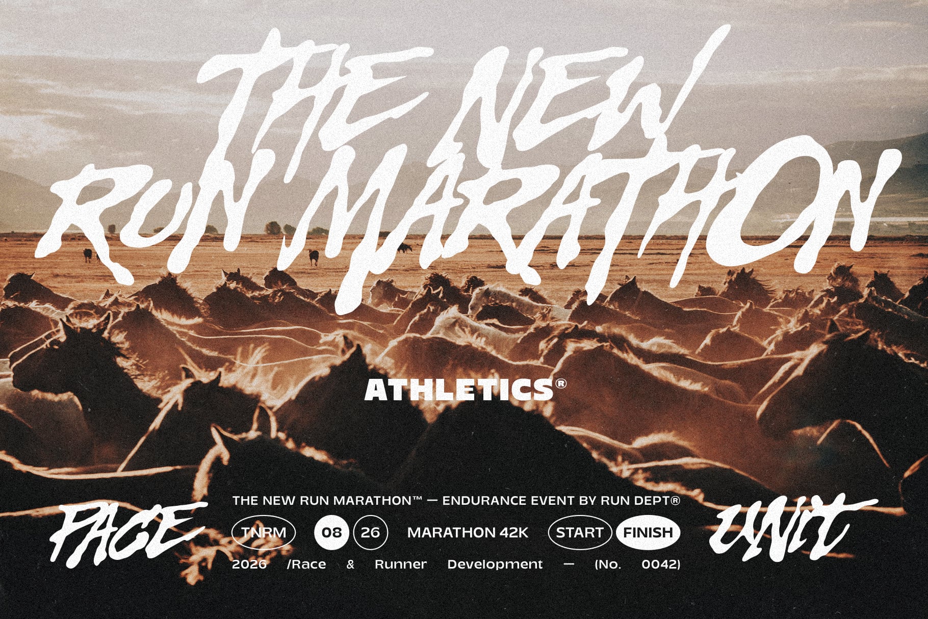 Brushy white lettering overlaid on desert horses with athletic branding below
