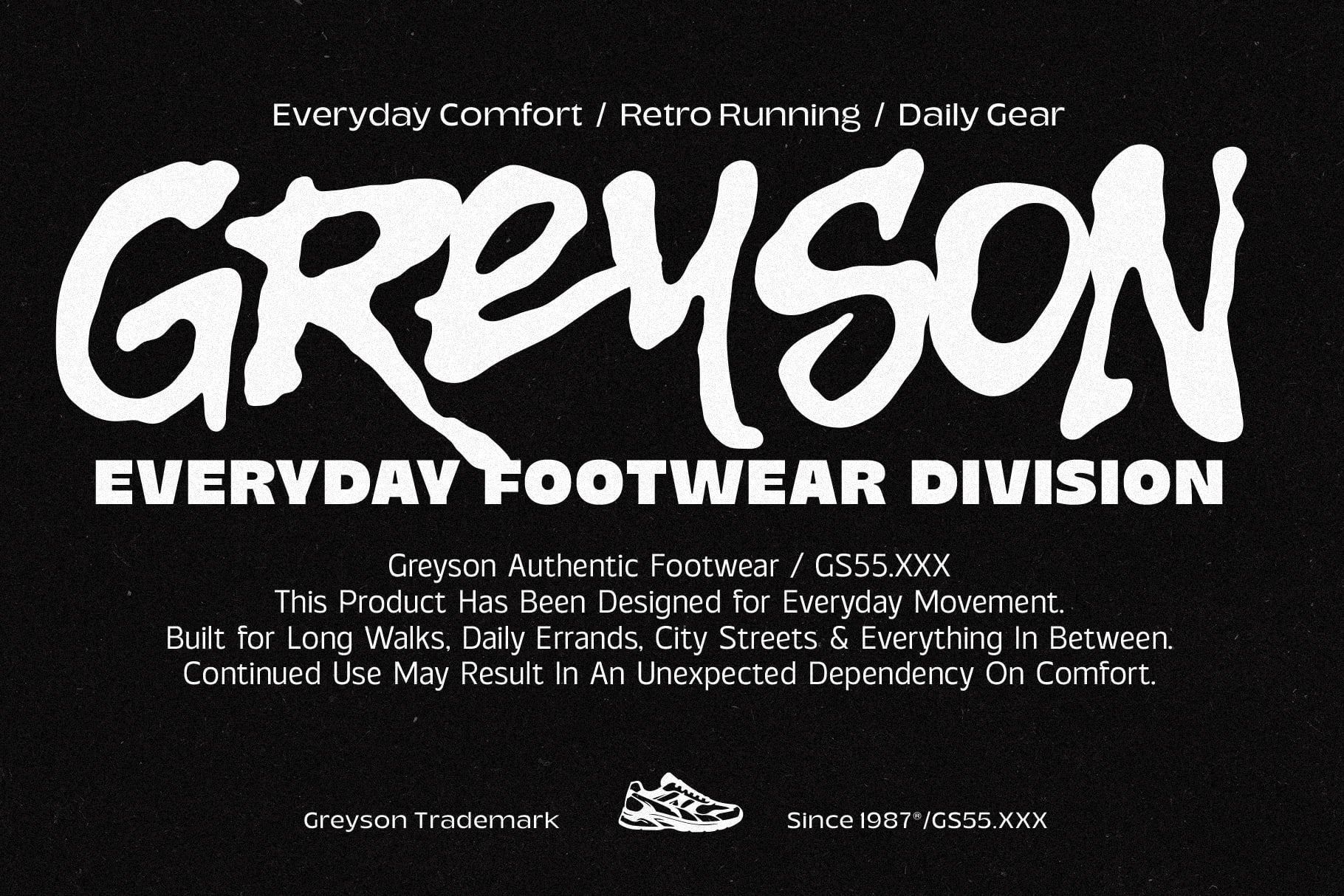 Greyson retro sneaker brand poster with bold typography on black background
